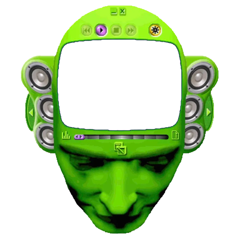 Winamp skin shaped like a green head, playing a 42069 video in its screen